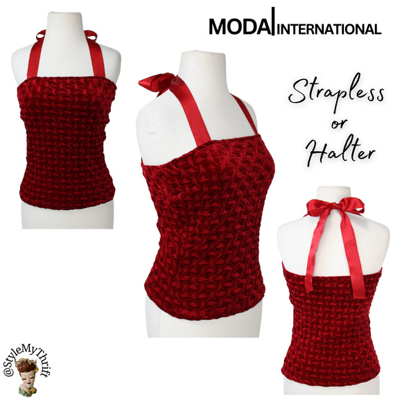 Moda International Tops - Y2k Wine Velvet Strapless Halter Top Bandeau Smocked Shirred Christmas Winter